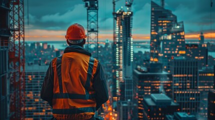 Builder in a safety helmet against the backdrop of a large city. Management strategy and various concepts for the construction of future cities.