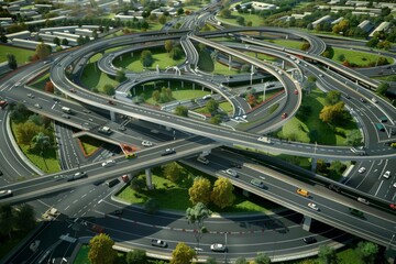 Aerial view of road interchange or highway intersection with busy urban traffic speeding on the road. Junction network of transportation taken by drone