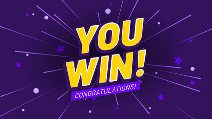 Winner fireworks illustration. Rich violet background for victory celebration with text you win, congratulations and fireworks. First place award template. Success achievement banner for website