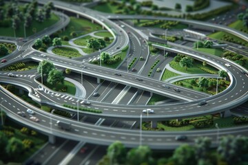 Aerial view of road interchange or highway intersection with busy urban traffic speeding on the road. Junction network of transportation taken by drone