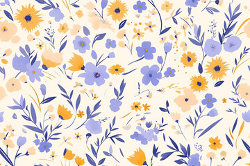 Obraz premium Playful floral pattern with bright yellow and blue flowers on a white background, creating a cheerful and lively design.