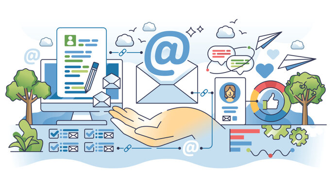 Personalized email marketing campaigns for advertising outline hands concept. Business communication automation using e-mail letters and messages to reach customer or client vector illustration.