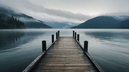 Fototapeta premium An empty dock extending into a mist covered lake with mountains in the distance at dawn