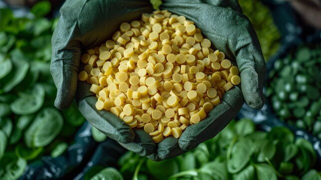 Green, homogeneous, round bioplastic granules in hands taken out of a bag, close-up