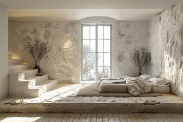 Modern bedroom with minimalist design bright lighting neutral color palette sleek furniture and large windows creating an airy spacious atmosphere