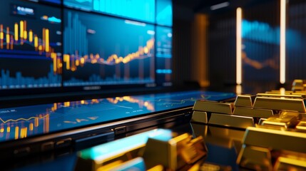 Naklejka premium A business setting with gold bars and a large screen displaying a gold line graph