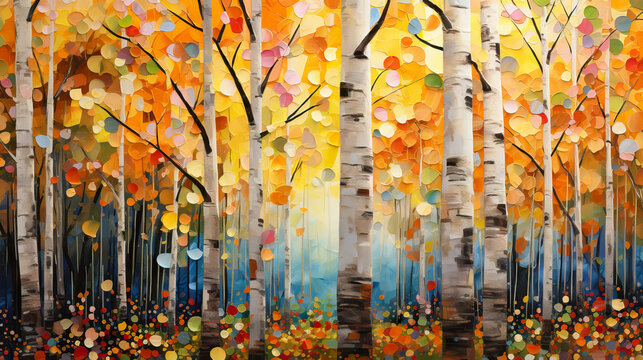 white tree trunk Aspen trees in a forest of orange and yellow in daytime in painting style background.