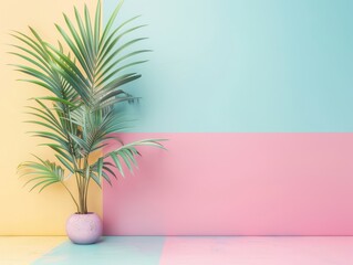 Potted Palm Plant Against Pastel Wall
