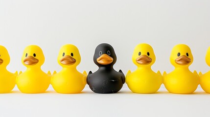 Black rubber duck stands out among yellow rubber ducks in a line. Unique black duck among classic yellow ducks. Conceptual image of individuality and uniqueness. Decorative toy ducks in row. AI
