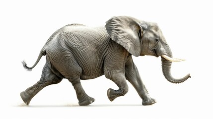 Obraz premium Dynamic elephant in motion on white background. Wildlife concept. Nature and animal theme. High-quality digital art suitable for editorial, educational, and commercial use. Stock image. AI