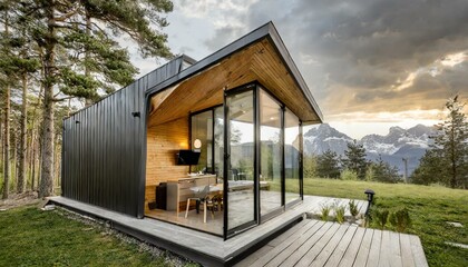 Obraz premium Modern tiny house with a sloped roof and a wooden exterior. The small structure has large glass sliding doors, providing a glimpse into a cozy interior design