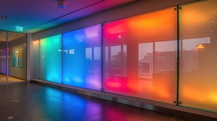 Screen wall featuring large, frosted plexiglass panels with embedded LED lights that change colors based on the time of day