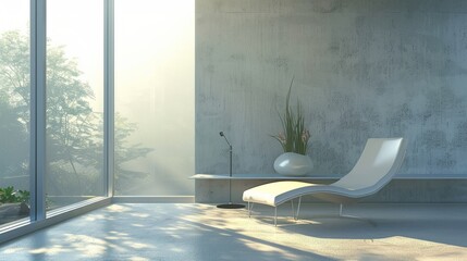 A white chair is in a room with a window and a vase