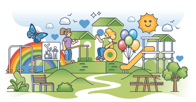 Inclusive playground with handicap or special needs equipment outline concept. Disabled kid entertainment park with easy accessibility and interactivity vector illustration. Diversity and inclusion