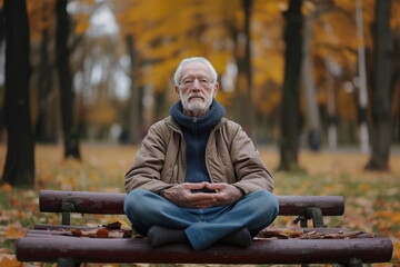Fototapeta premium Elderly man exhibiting relaxation he meditates peaceful focus. Elderly man reflects wisdom and breath his meditative zen posture. Quiet strength and resilience of age mirrored peaceful meditation.