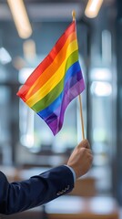 Fototapeta premium LGBT flags spectator waves a gay rainbow flag at an LGBT