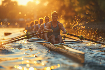 Rowing team at a rowing competition, athletes on water with oars, teamwork and strength in motion.
