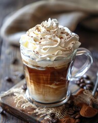 Whipped Coffee on Wooden Table. Closeup of Cup of Coffee with Frothy Milk Cream