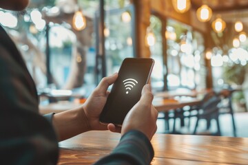 Wifi Male. Hands on Smartphone Screen with Wi-Fi Settings at Table