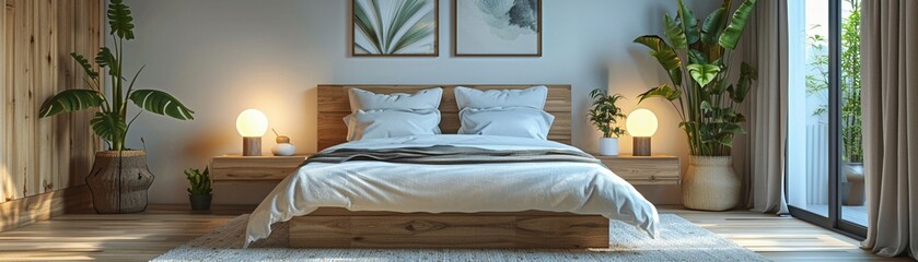 Scandinavian bedroom bright lighting from large windows white walls light wood flooring minimalist furniture cozy feel