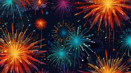 Fototapeta premium Illustration depicting a fantastical scene where fireworks transform into colorful creatures dancing across the sky