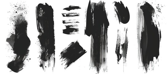 Paintbrush and ink brush stroke template with splashes of grunge. Modern set black ink brush stroke. Dirty artistic design elements. Splatters of grunge, stains of dirt, and paintbrushes with drops