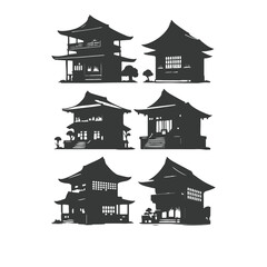 Set of vector silhouettes of Chinese temples, gates and traditional buildings. Chinese traditional buildings, Chinese House Building Set in Black and White