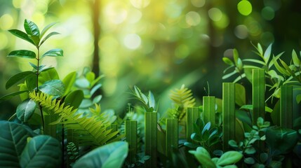 Sustainable economy report with green bar charts and leaves, illustration background
