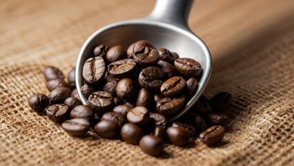 Fototapeta premium Coffee Beans Poured From A Metal Scoop Onto Burlap Fabric