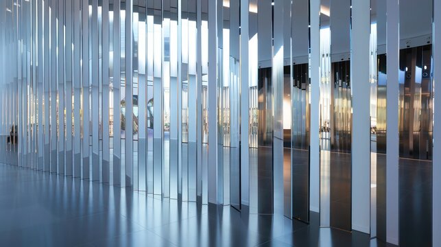 Screen wall featuring vertical strips of mirrored acrylic, arranged in a staggered pattern to disrupt sight lines and reflect the environment