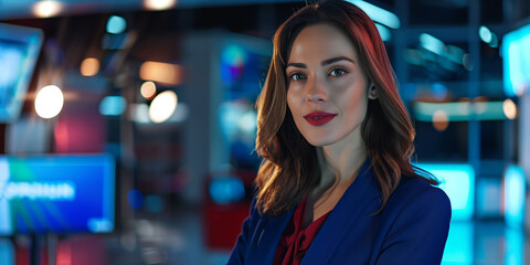 Naklejka premium Beautiful young female in LIVE NEWS studio. Broadcasting newsroom studio background