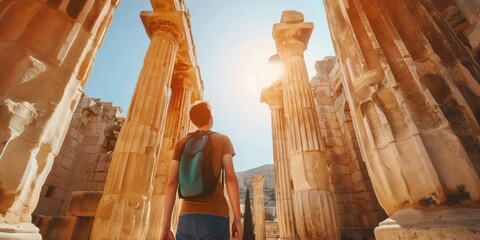 A tourist walking through some ancient ruins, looking at the historic site. The sun is shining and the scene is bright, and the people are smiling. Travel, tourism concept.