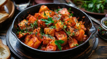 Spanish patatas bravas with spicy tomato sauce