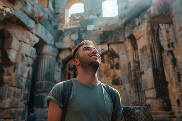Obraz premium A tourist walking through some ancient ruins, looking at the historic site. The sun is shining and the scene is bright, and the people are smiling. Travel, tourism concept.