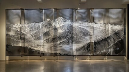 Screen wall made from etched steel panels that depict a continuous panoramic landscape of a mountain range