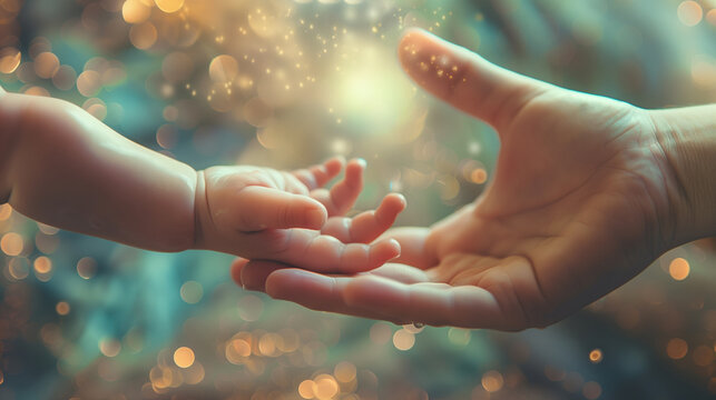 
Close-up of a baby's hand grasping a larger, ethereal hand, representing God's guidance