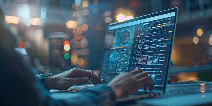 Software development concept. Software engineer working on laptop