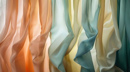 Screen wall made from layers of dyed silk, each layer hanging loosely to create a soft, flowing effect that gently sways, offering subtle privacy