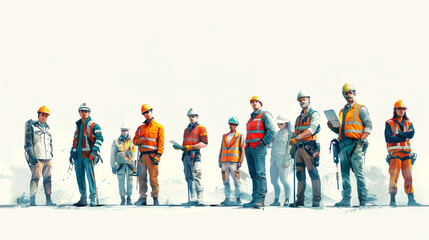 

Group of workers wearing safety gear and conducting inspections, providing ample space for text 