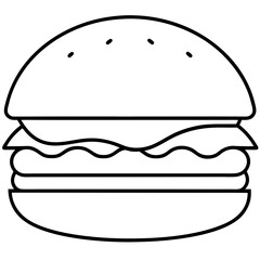 Hamburger with cheese, vegetables and cutlet. Fast food line art icon. American street food. Hand drawn doodle illustration