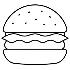 Hamburger with cheese, vegetables and cutlet. Fast food line art icon. American street food. Hand drawn doodle illustration