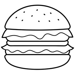 Hamburger with cheese, vegetables and cutlet. Fast food line art icon. American street food. Hand drawn doodle illustration