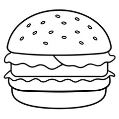 Hamburger with cheese, vegetables and cutlet. Fast food line art icon. American street food. Hand drawn doodle illustration