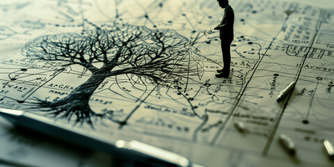 Problem solving skill. Business challenge. Businessman analyzing growth tree