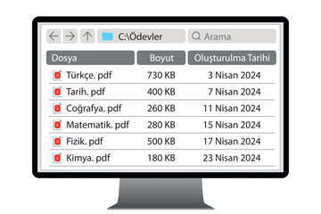 Computer screen view. Computer files and folders. Computer screen showing the file folder