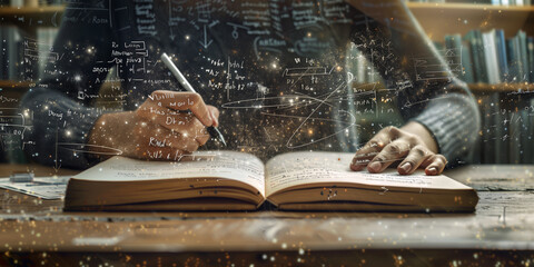 Physics equations floating on a notebook. Extremely intelligent student studying in a library