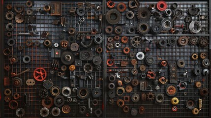 Screen wall made from recycled automotive parts, welded together to create a rugged, industrial-themed privacy screen