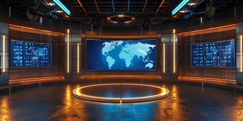 News studio. Television broadcasting, live streaming. TV shows. News studio interior	