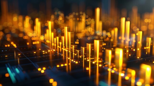 Abstract glowing city skyline with vertical lights, representing a modern urban landscape.