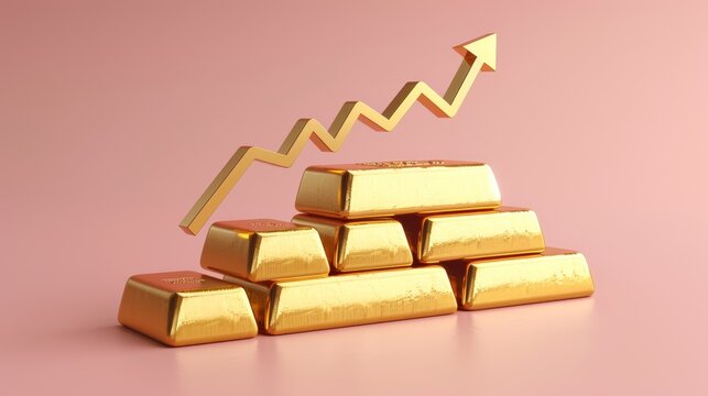 Gold bars stacked with an upward pointing arrow, symbolizing growth and financial success.